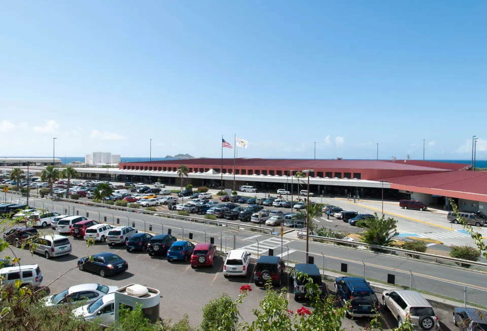 Cyril E. King Airport terminal and parking area in St. Thomas