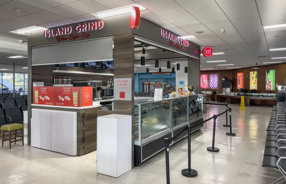 The Island Grind wine, coffee and cafe counter inside Cyril E. King Airport